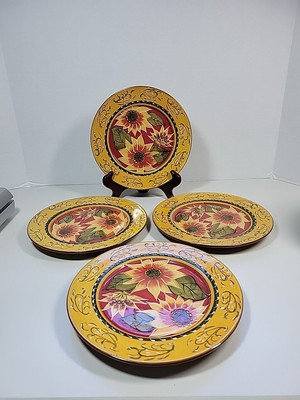 Pier 1 Imports 8” Sunflower Hand Painted Terra Cotta Salad Plate Set Of 4-image