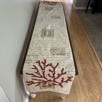 Pier 1 Imports Table Runner Beaded Cloth Writing Pattern Woven Ends 74” Good Con-image