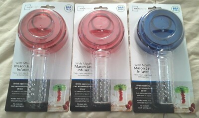 Mainstays Wide Mouth Mason Jar Lid And Infuser Lot Red Blue BPA Free Straw Open-image