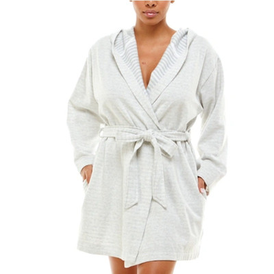 ROUDELAIN WOMENS XLARGE COZY ROBE DOLMAN-SLEEVE HOODED SHORT GREY STRIPE NEW!-image