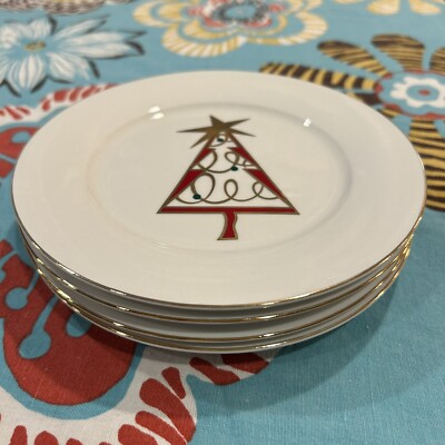 4 Pier 1 Christmas Tree Holiday Plates Dessert Salad Green Red Gold Rim Star-image