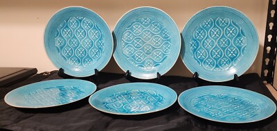 Vintage 6 Piece Pier 1 Turquoise Crackle Pattern Stoneware Salad Plates EUC-image