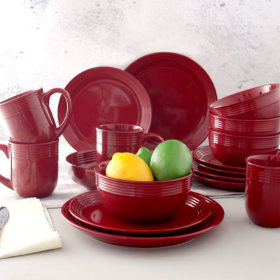 Red Stoneware Dinnerware Set Dinner & Salad Plates Serving Bowls Mugs 16-Pieces-image