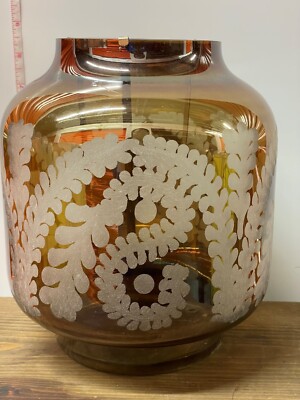 Brown w White Feather Design Glass Hurricane Candle Vase 9in New Pier 1 Imports-image