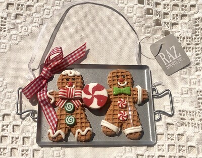 RAZ Imports Super Cute Gingerbread Couple On Cookie Tray Hanging Ornament ~ NWT-image