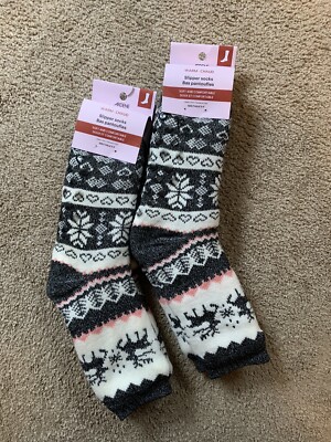 Ardene Slipper Socks 2X Fuzzy Warm Cozy Grippers Hearts Snowflake Sz 5-9-image