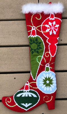 PIER 1 Imports Christmas Stocking Red Pink Victorian Boot Feathers Sequin Trim-image
