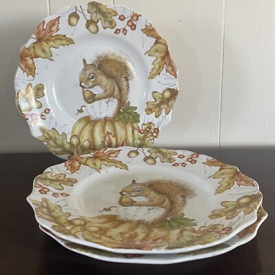 Three (3) Pier 1 Mazey the Squirrel Collection 8.5” Salad Plates Utensil Marks-image