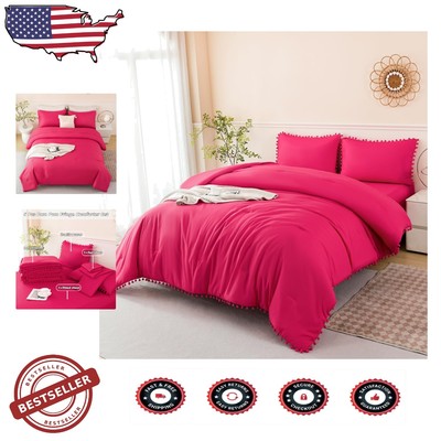 Adorable All-Season Hot Pink Pom Pom Twin Comforter Set - Perfect Gift for Girls-image