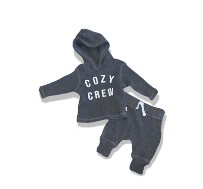 Mini Heroes Cozy Crew Gray Waffle Outfit Hooded Shirt and Pull-On Pants 0-3 mon.-image