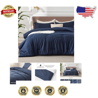 Modern Navy Cationic Dyed Full Comforter & Shams - Lightweight & Cozy-image