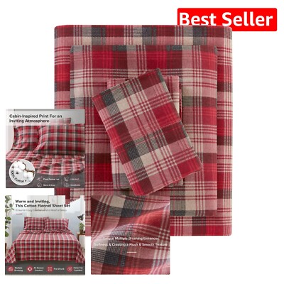 Luxurious 3 Piece Cotton Flannel Sheet Set - Twin Size Red Plaid for Cozy Nights-image