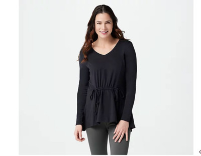 NEW AnyBody M Cozy Knit High-Low Top with Drawcord Detail Jet Black QVC 6923-image