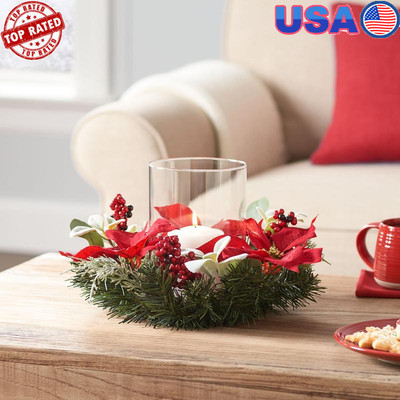 Glass Hurricane Candleholder Red Poinsettia Foliage Tabletop Holiday Decor New-image