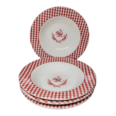 Mainstays Home Rooster Hen Red White Checkered Soup Stew Bowls Set of 4 Country-image