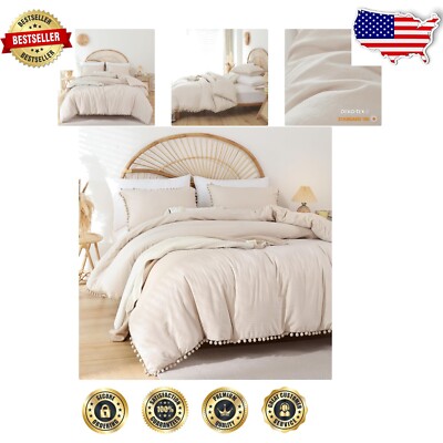 Soft Vintage Bohemian King Comforter Set with Durable Pom Fringe – All Seasons-image