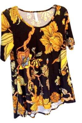 LulaRoe Women's Top Size XS Scoop Neck Black Big Flowers Simply Comfortable-image