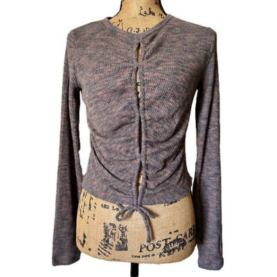 New Women's Long Sleeve Ribbed Lace Up Cozy Knit Brown Blouse size XS-image