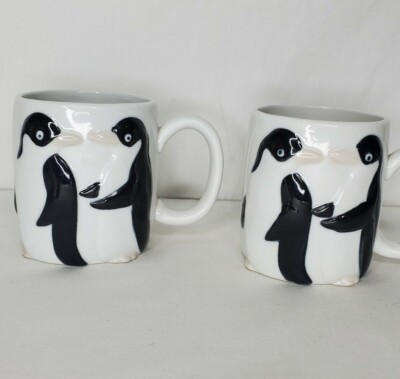 Penquin Coffee Mugs Cups Set Of 2 Ceramic Hand Painted 3D Henriksen Imports -image