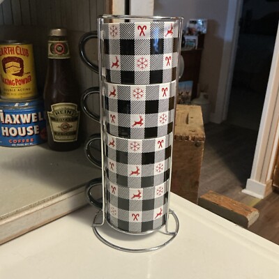 Prima Design (4) Stacking Mugs Christmas Dogs Winter With Stand 9