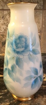 VINTAGE IMPERIAL IMPORTS JAPAN WHITE GLASS VASE WITH BLUE FLORAL DESIGN-image