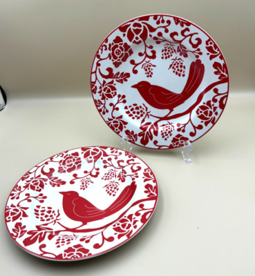 2 Pier 1 Red Bird Salad Dessert Plates or Wall Decor Stoneware 8.25