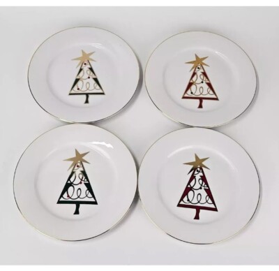 (4) Pier 1 Christmas Tree Holiday Dessert Salad Plates-image