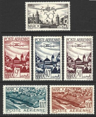 French Morocco 1945, 1947-48 Airmail Plane over view Sets #C33, C34-C38 F/VF-NH-image