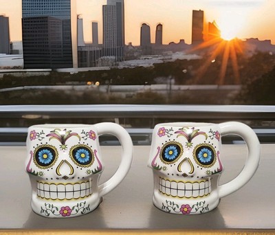 NEW RARE Design Imports Set of 2 Sugar Skull Mugs 12 OZ NIB -image