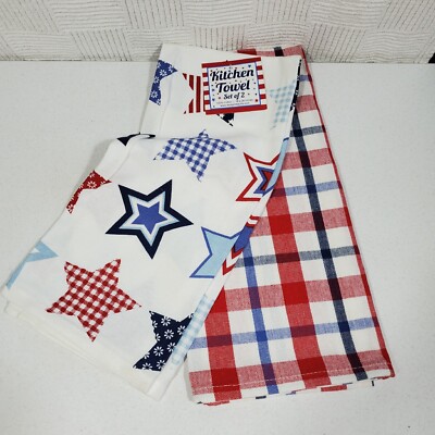 NEW NWT DII Design Imports Patriotic Stars & Stripes 2 Kitchen Towel Set Cotton -image