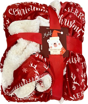 Motif Luxury Berber Throw Blanket MERRY CHRISTMAS Red White Reversible 50 x 60-image