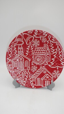 Pier One Imports  Towne Square Cookie Plate Red White Design Embossed Stoneware-image