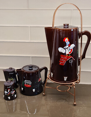 Cal-Pacific Imports Rooster Farm Coffee Pot & Tea Set - from 1955 - Perfect!-image