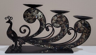 Pier 1 Import Metal Ornate Peacock 3 Candle Holder Glass Mirrored Tiles-image