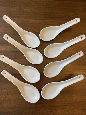 Pier 1  White Porcelain Rice/broth Spoons Lot Set Of 8 Sushi Night Asian-image