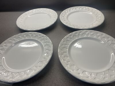Set of 4 Pier 1 White BASKET RELIEF Salad Plates Handcrafted Italy. Very Nice!-image