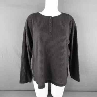 Womens Sweater Top Medium Black Thermal Henley Cozy Minimalist Grunge Layer NEW-image