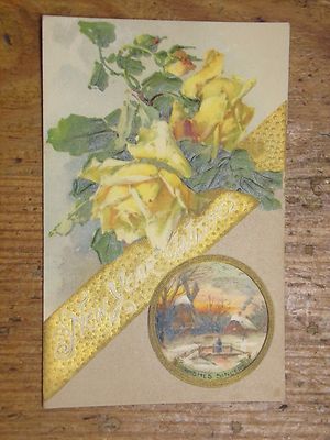 Vintage Postcard New Year Wishes, Winter Wind Mill Scene, Yellow Roses-image