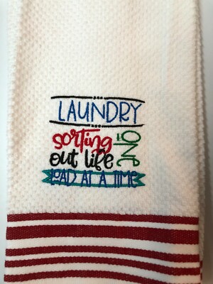 Embroidered Striped Kitchen Hand Towel Laundry sorting out life one load at time-image