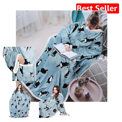 Plush Sherpa and Fleece Wearable Blanket with Kangaroo Pocket - Wonder Cat Blue-image