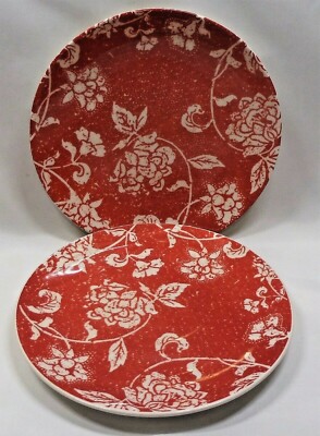 Pier1 Batik Red Salad Plates x2 Red White Floral Coupe-image