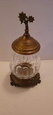 Beautiful Castilian Imports- Thick Crystal & Brass Lidded Jar - 13-1/2” h  x7” w-image