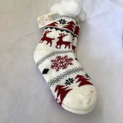 Cozy Hub Christmas Themed White Non-Skid Sherpa Lined Slipper Socks NWT-image