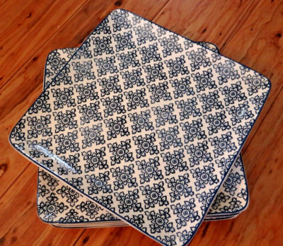 Set Of 6 Pier One Imports Blue And White Gudari Square Dinner Plates 10.5 
