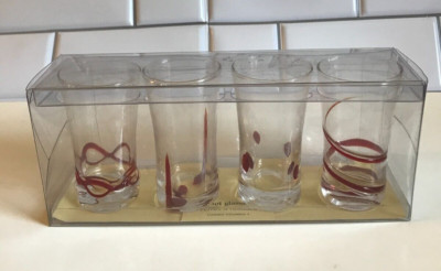 PIER 1 IMPORTS ~ CLEAR BLOWN GLASS WITH RED ACCENTS ~ SHOT GLASS SET OF 4-image