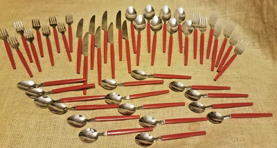 48 Piece Stainless Steel & Plastic Flatware Set Tray Niccole Red Mainstays-image