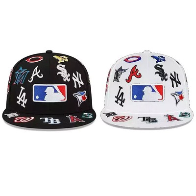 NEW 2024 MLB Teams Patch Logos All-Over Black/White 59FlFTY Fitted Cap-5950 Hat-image