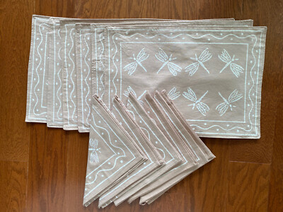 NWT Lot 12 - 6 REVERSIBLE Dragonfly Design Cotton Placemats & 6 Matching Napkins-image