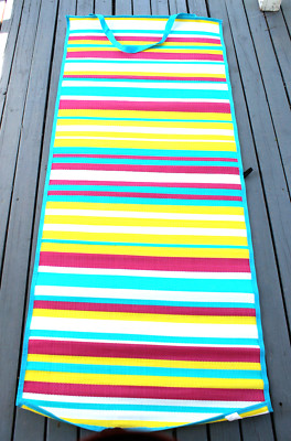Beach Mat Pool Sunbathing Red White Yellow Blue Striped Roll up Carrying Strap-image