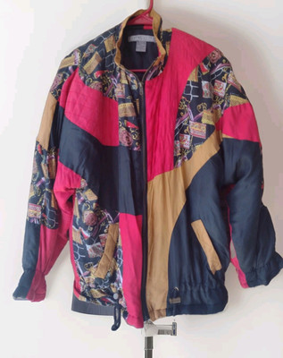 Vintage 1980s Robert Stock Silk Multicolor Quilted Bomber Jacket W Fill Sz M-image